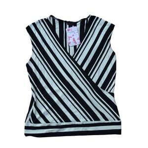Y2K Black White Striped Wrap Top Womens Sleeveless V Neck Blouse Size L
